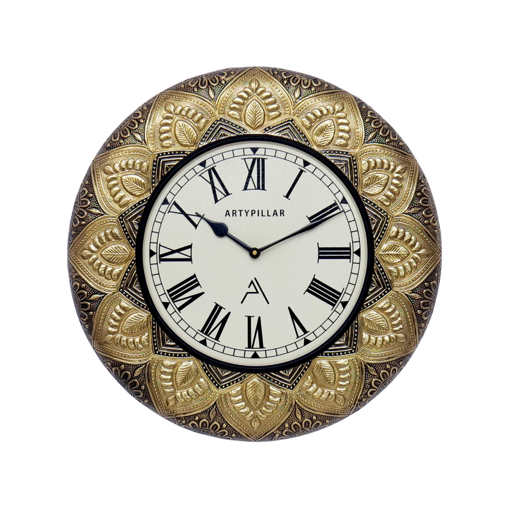 Artypillar Metal Emboss Floral Designer Round Wall Clock - 16 Inch