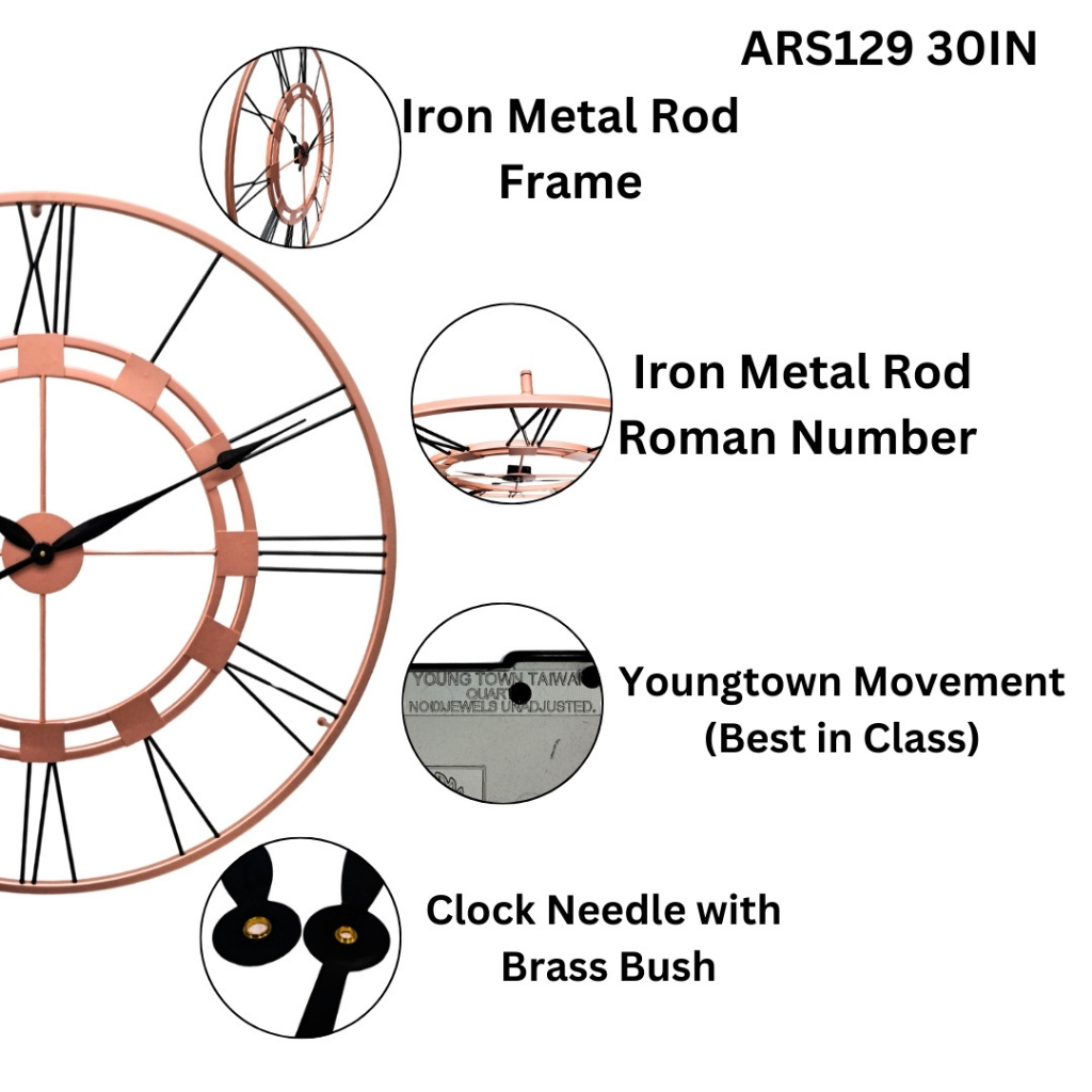 Artypillar Classic Iron Roman Skeleton Wall Clock – Copper & Black - 30 Inch