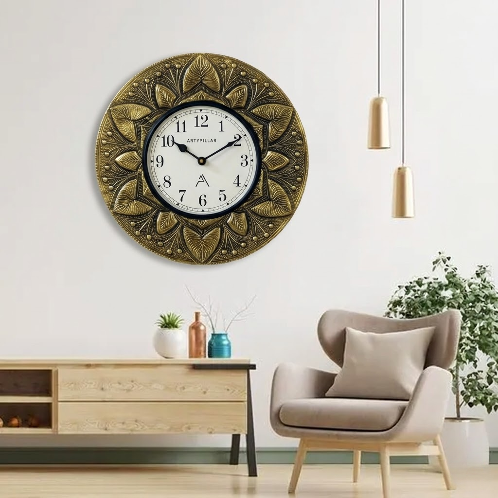 Artypillar Metal Emboss Floral Designer Round Wall Clock - 12 Inch