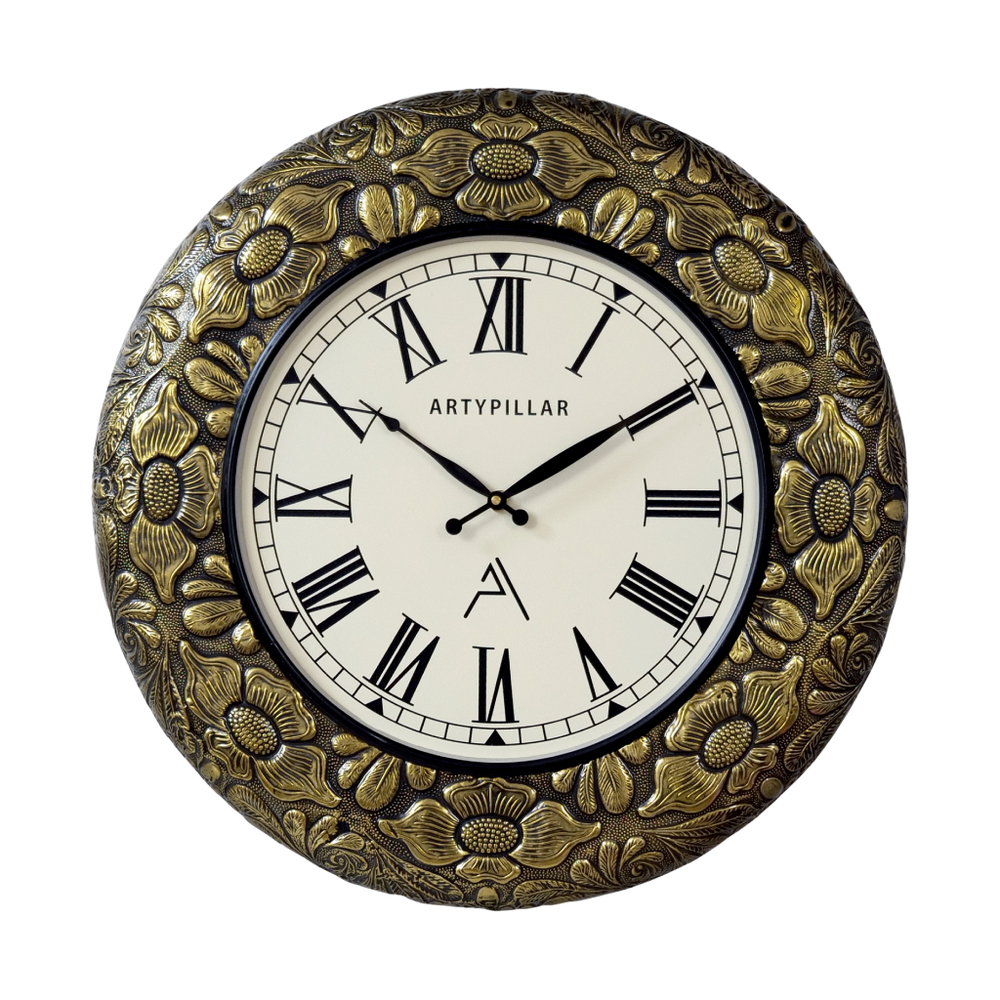 Artypillar Metal Emboss Floral Round Wall Clock - 18 Inch