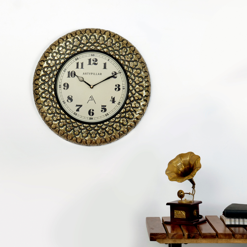 Artypillar Metal Emboss Floral Designer Round Wall Clock - 16 Inch