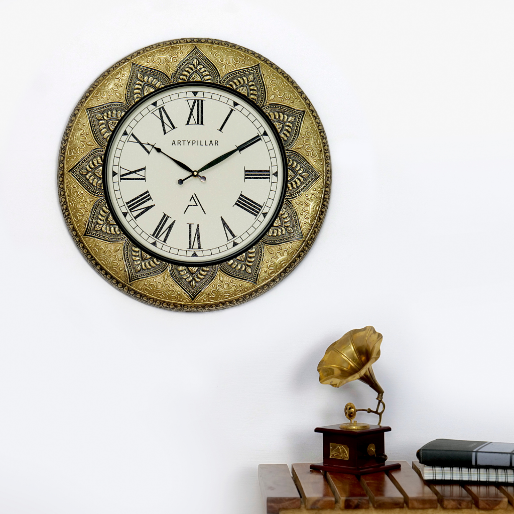 Artypillar Metal Emboss Floral Designer Round Wall Clock - 18 Inch