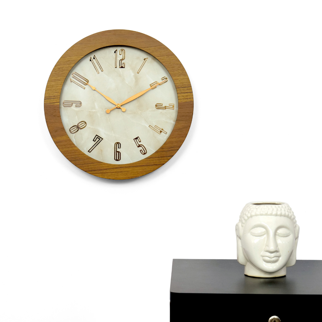 Artypillar Wooden Marble Dial Designer Round Wall Clock - 14 Inch