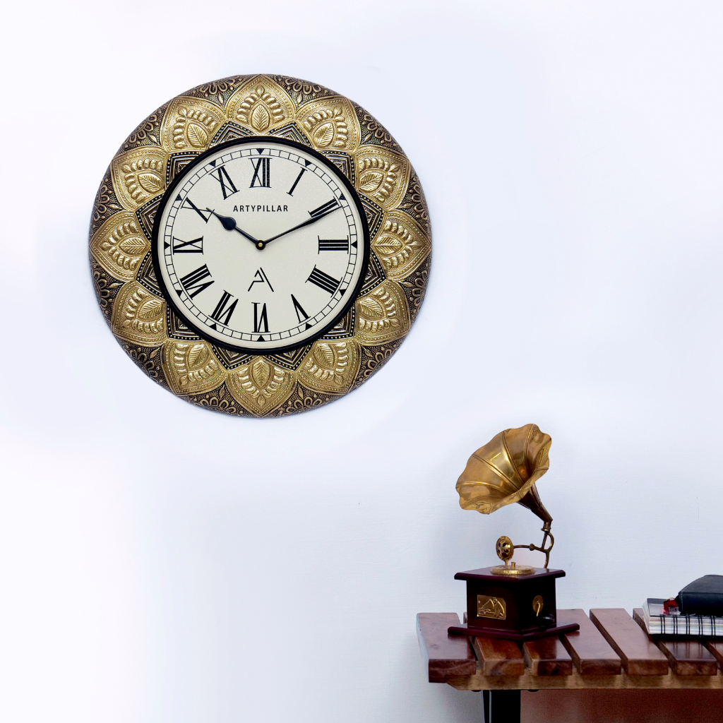 Artypillar Metal Emboss Floral Designer Round Wall Clock - 16 Inch