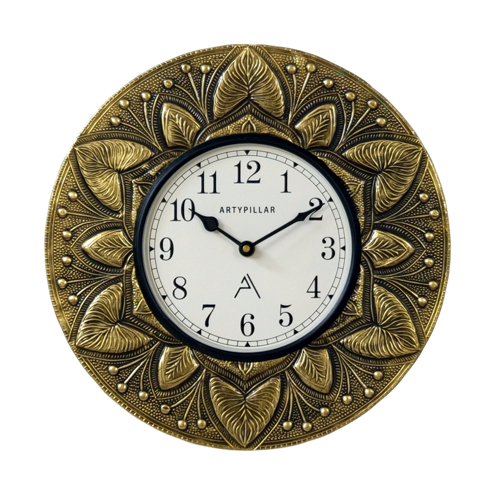 Artypillar Metal Emboss Floral Designer Round Wall Clock - 12 Inch