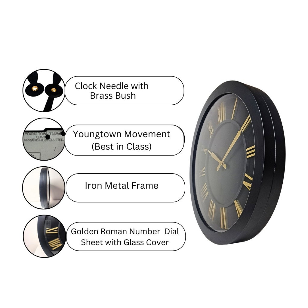 Artypillar Black & Gold Roman Modern Designer Wall Clock - 16 Inch