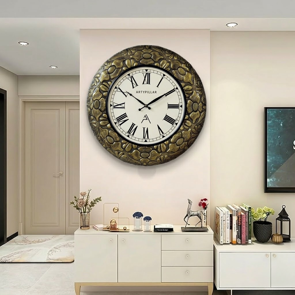 Artypillar Metal Emboss Floral Round Wall Clock - 18 Inch