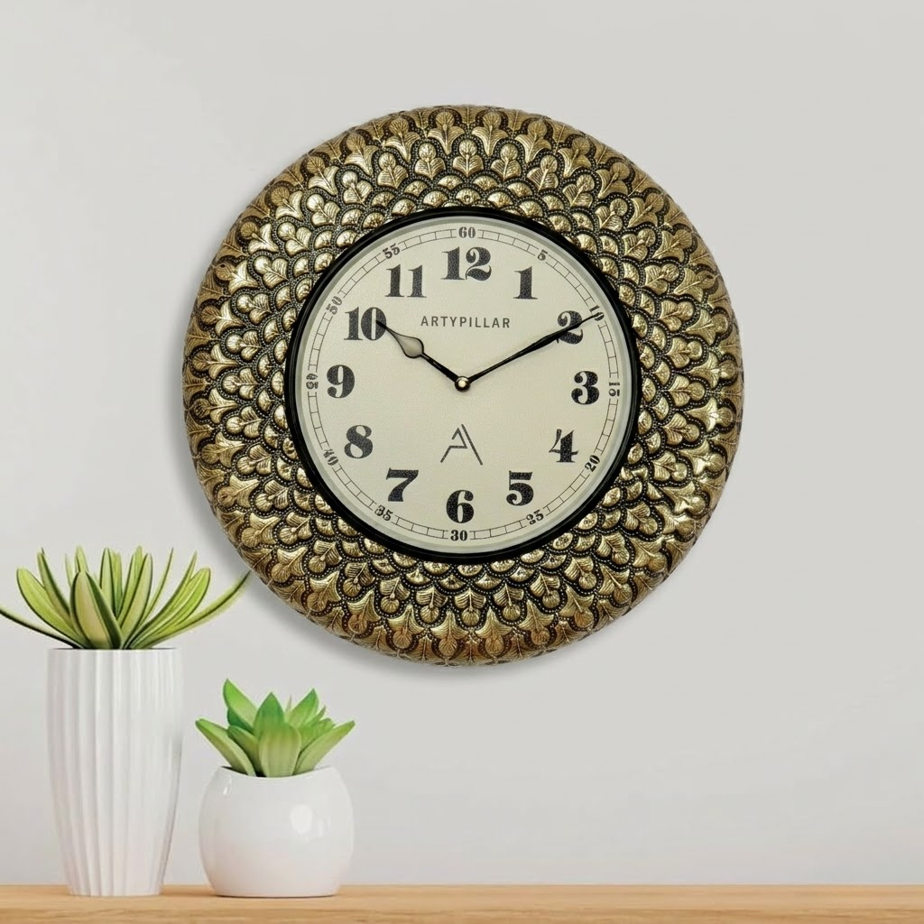 Artypillar Metal Emboss Floral Designer Round Wall Clock - 16 Inch